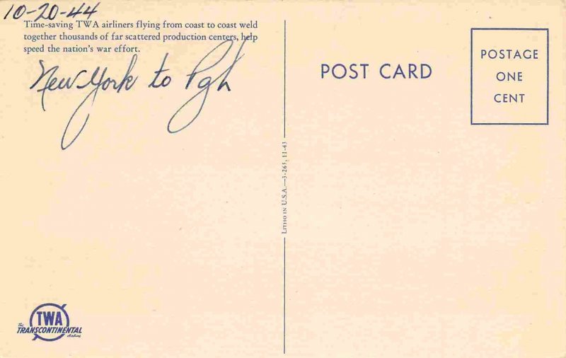TWA Airlines Plane Aircraft Takeoff 1944 postcard