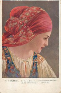 Young girl from Slovakia folk type art by C. V. Muttich 1918 postcard