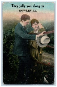 c1910 Jolly You Along Lovers Couple Woman Rowley Iowa Vintage Antique Postcard