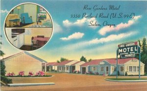 Salem Oregon Postcard 1940s Rose Gardens Motel Colorpicture linen 21-10886