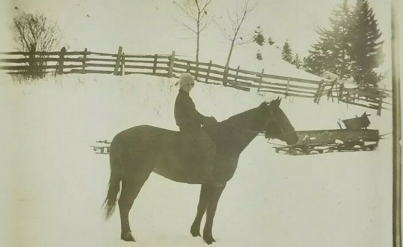 Vintage postcard wagon horse boy snow   rppc real photo a2-292