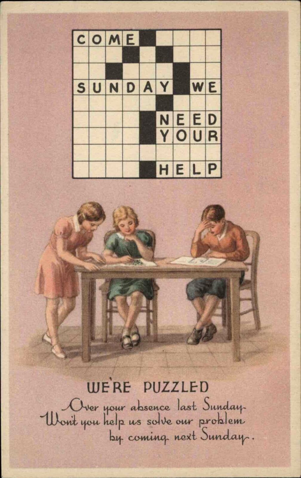 Sunday School Crossword Puzzle Children c1920s40s Postcard Topics