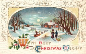 Vintage Postcard 1910s With Best Christmas Wishes Full Moon Snow House Greetings