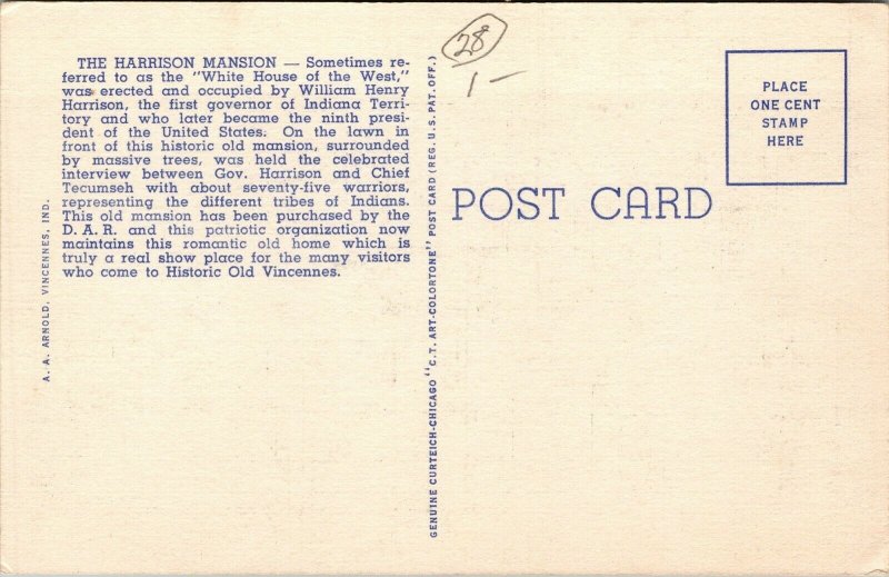 Vtg Vincennes Indiana IN Grouseland General Harrison Governor House Postcard