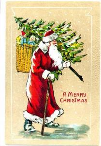 Santa with Tree and Walking Stick Merry Christmas