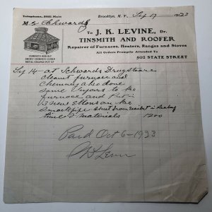 1923 J. K. LEVINE TINSMITH & ROOFER Furnace Heater Brooklyn NEW YORK Letterhead