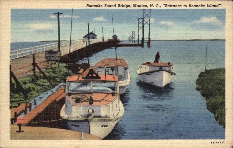 Manteo NC Roanoke Sound Bridge Speed Boats Linen Vintage Postcard