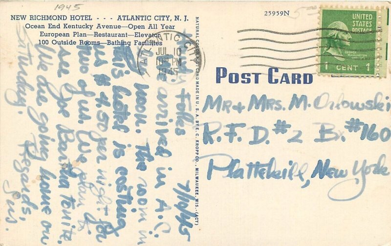 Postcard 1945 New Jersey Atlantic City Richmond Hotel Interior Teich 22-13840