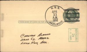 Naval Ship Cancel USS Hazelwood 1952 on 1 Cent Postal Card