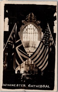 Winchester Cathedral w British & American Flags RPPC Antique England 1920s JE21