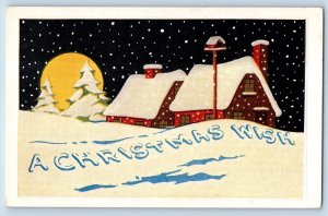 Christmas Postcard House Roof And Pine Trees Covered Snow Embossed c1910's