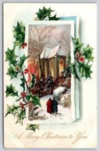 Tuck~A Merry Christmas To You~Winter Chapel Scene W/ Holly~Vintage Postcard