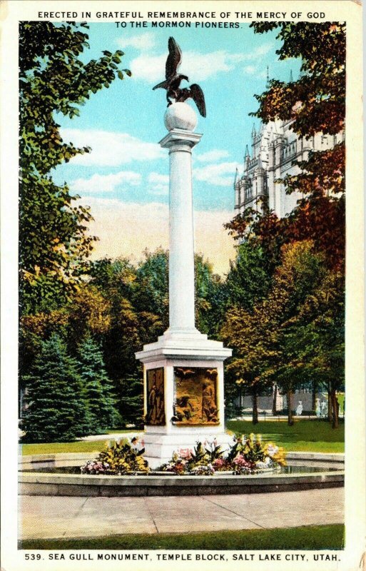 Mormon Pioneers Sea Gull Monument Salt Lake City Utah UT WB Postcard VTG UNP 