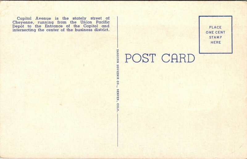 Linen Postcard Capitol Avenue in Cheyenne, Wyoming