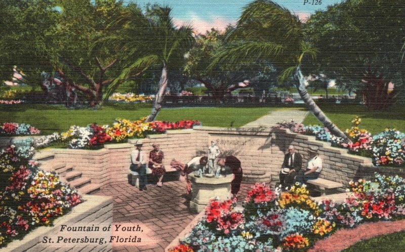 Vintage Postcard 1930's Fountain Of Youth St. Petersburg Florida Tichnor Quality