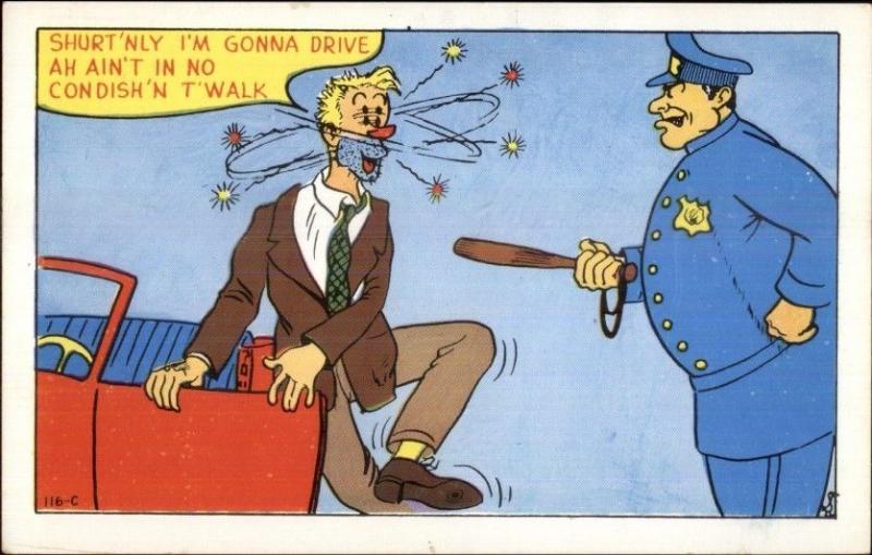 Cop Police Officer & Drunk Driver Comic 1950s Humor Postcard