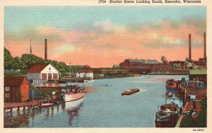 Vintage Postcard Harbor Scene Boats Ships Looking South Kenosha Wisconsin WI