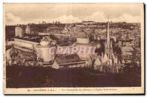 Old Postcard Fougeres of whole Chateau Vue and Saint Sulpice Church