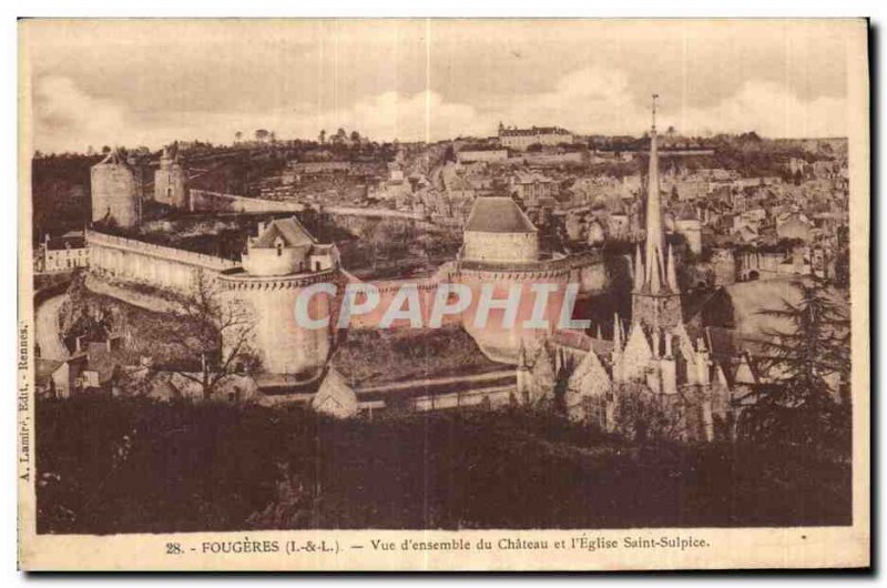 Old Postcard Fougeres of whole Chateau Vue and Saint Sulpice Church