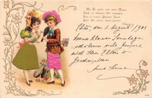 L175 Greetings 1903 Children flowers silk clothes litho embossed postcard