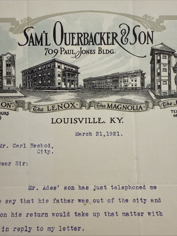 Vintage 1921 Ouerbacker & Son Real Estate Louisville Kentucky Letterhead Signed