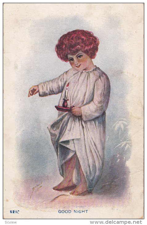 Good Night Child in nightshirt holding lit candle , 00-10s