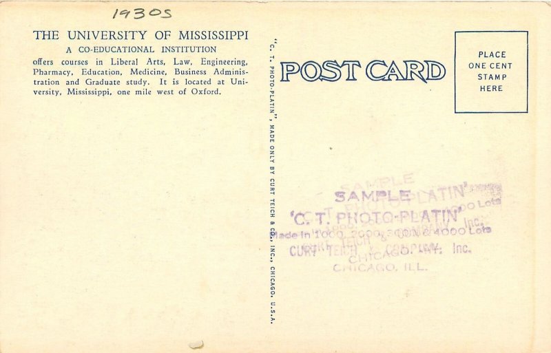 1930s Mississippi University Lamar Hall School of Law Teich Postcard 25-11504
