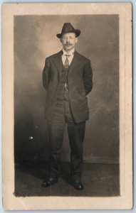c1910s Short Man w/ Glasses Hat Portrait RPPC Real Photo Handlebar Mustache A213