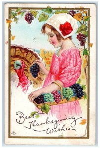 1913 Thanksgiving Wishes Girl Feeding Turkey Grapes Muncie Indiana IN Postcard 