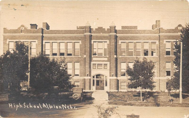 Albion Nebraska~High School Building~Vintage Car in Front~1920s RPPC