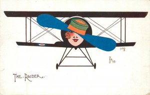 Tuck High Fliers Postcard 3232 The Raider Womans Face in a Biplane Artist KIP