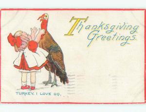 Pre-Linen thanksgiving CUTE GIRL REACHES UP TO TOUCH TURKEY k8934