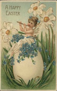 Easter Fairy Playing Flute on Egg c1910 Vintage Postcard