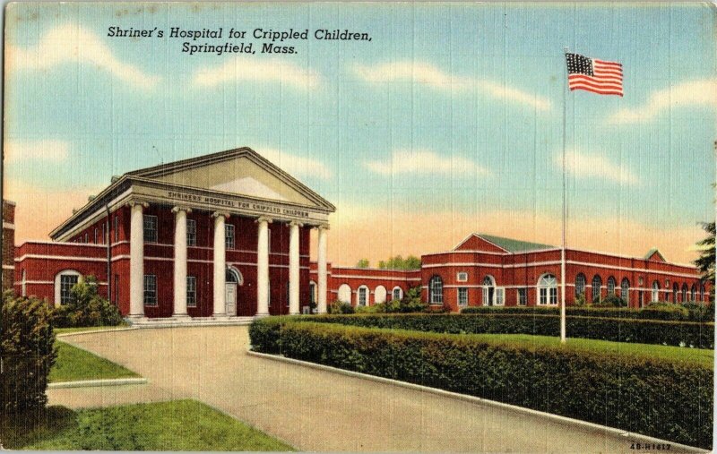 Shriner’s Hosptial Cripple Children Springfield Mass Flag Linen Postcard UNP Vtg 