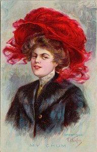 E. H. Kiefer Artist Signed 'My Chum' Portrait Woman Feather Red Hat Postcard G23