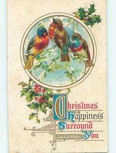 Pre-Linen christmas THREE BEAUTIFUL BIRD SITTING ON SNOW-COVERED BRANCH hr2831