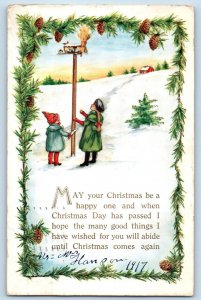Christmas Postcard Children On Winter Scene Pinecone Embossed Minneapolis MN