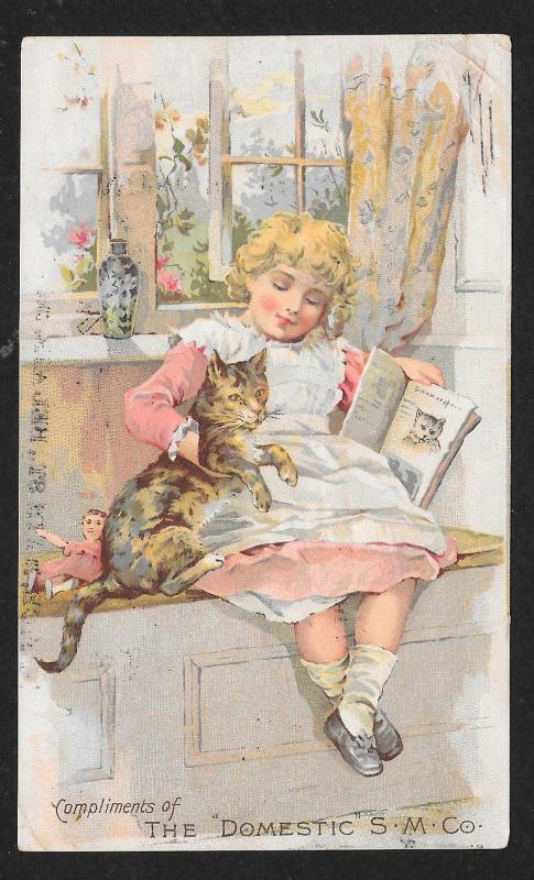 VICTORIAN TRADE CARD Domestic Sewing Co Girl in Pinafore with Cat at Window