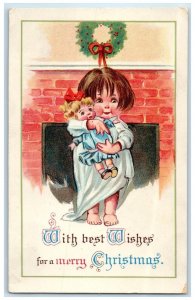 c1910's Christmas Little Girl Playing Doll Chimney Embossed Antique Postcard