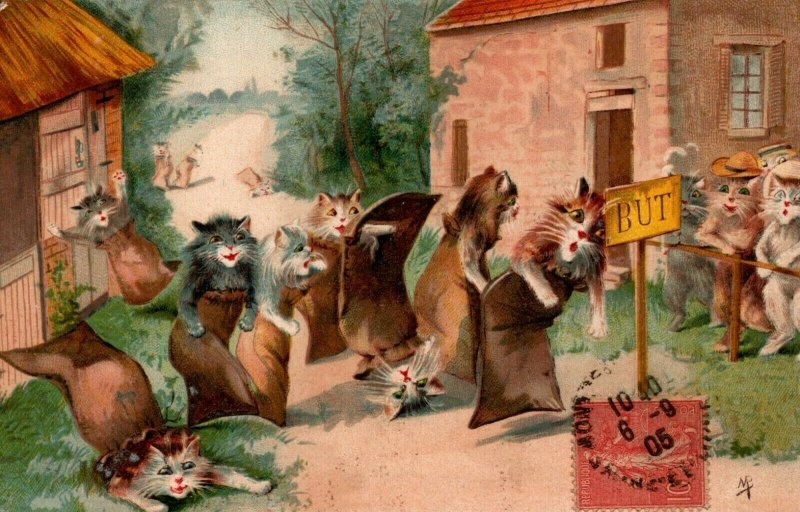 Maurice Boulanger Anthopomorpic Cats Sack Race Vintage Postcard 03.80