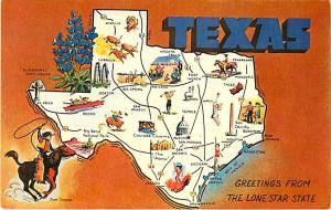 Greetings from The Lone Star State Texas Map Postcard TX