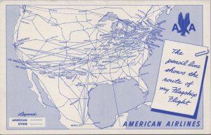Postcard American Airlines Flight Map of United States