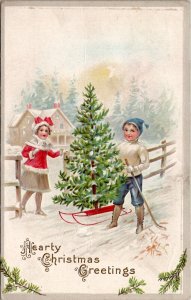 Hearty Christmas Children Getting Tree 1913 Rochester NY Postcard Z1