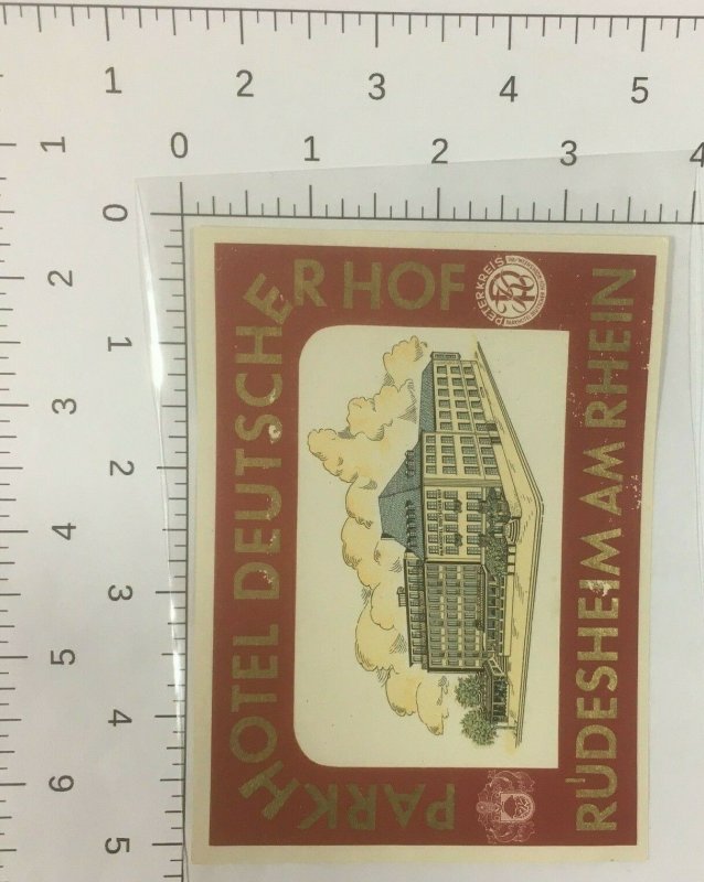 Park Hotel Deutscher Hof Rudesheim Am Rhein Luggage Label Sticker Stamp Vtg 