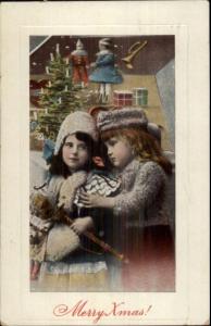 Christmas - Sweet Little Girls in Furs w/ Toys c1910 Postcard