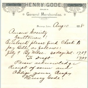 1888 Marengo, Iowa Henry Gode Store Engraved Letterhead Amana Society Antique R1