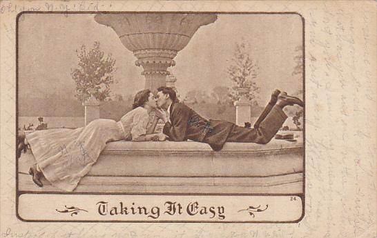 Romantic Couple Kissing By Fountain Taking It Easy 1910
