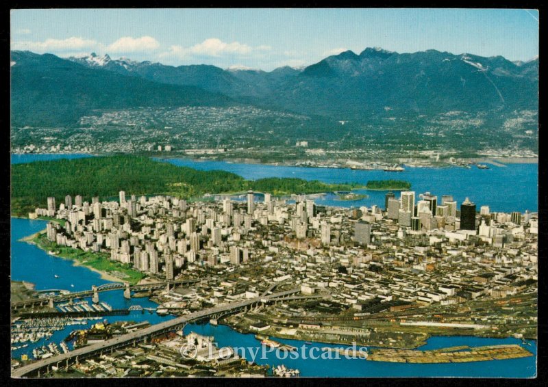 Aerial View of Downtown Vancouver, Burrard, Inlet and North Shore Mountains