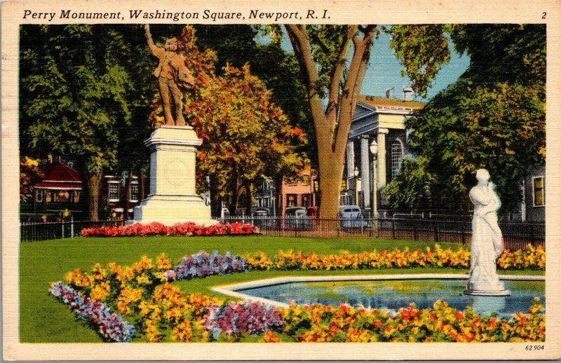 Vtg Newport Rhode Island RI Perry Monument Washington Square Linen Postcard