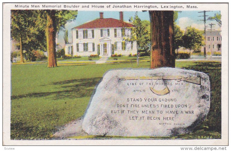 Minute Men Memorial Boulder and House Of Jonathan Harrington, Lexington, Mass...